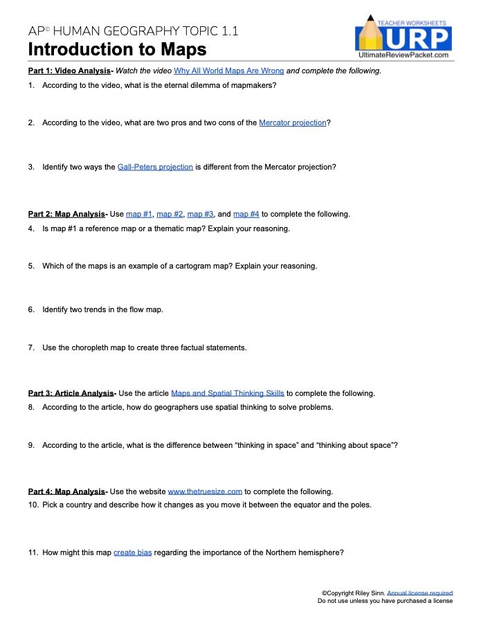Sample AP Human Geography worksheet: Topic 1.1, Introduction to Maps