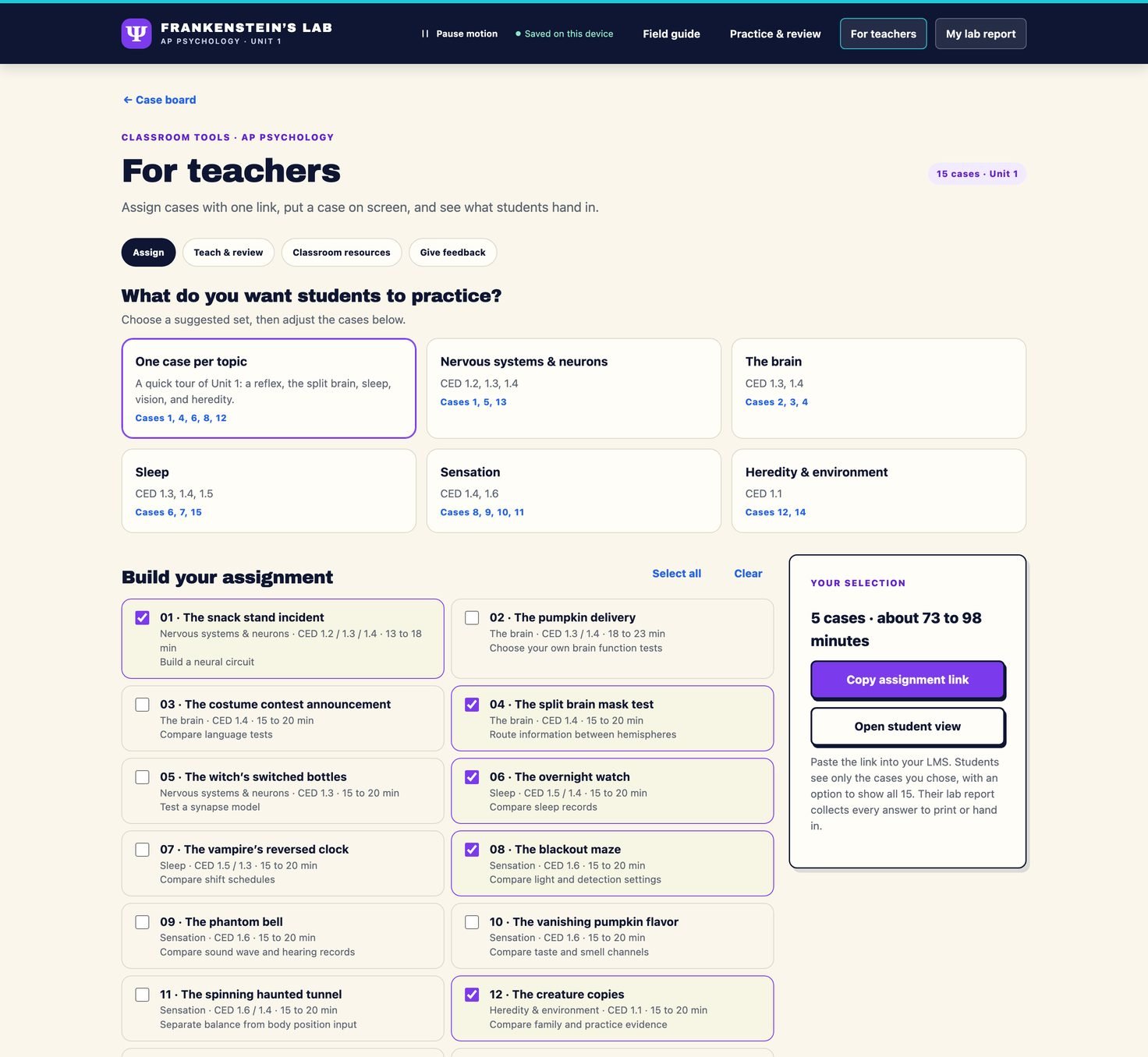 The Assign tab with five cases ticked and a panel reading 5 cases, about 73 to 98 minutes, above a Copy assignment link button