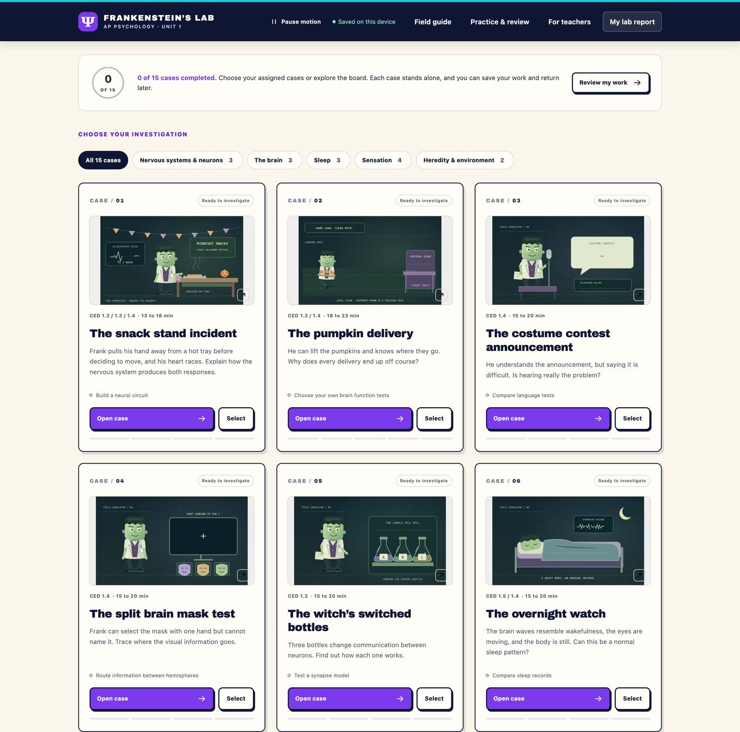 The case board: topic filters across the top for nervous systems, the brain, sleep, sensation and heredity, then illustrated case cards including The snack stand incident, The pumpkin delivery and The costume contest announcement