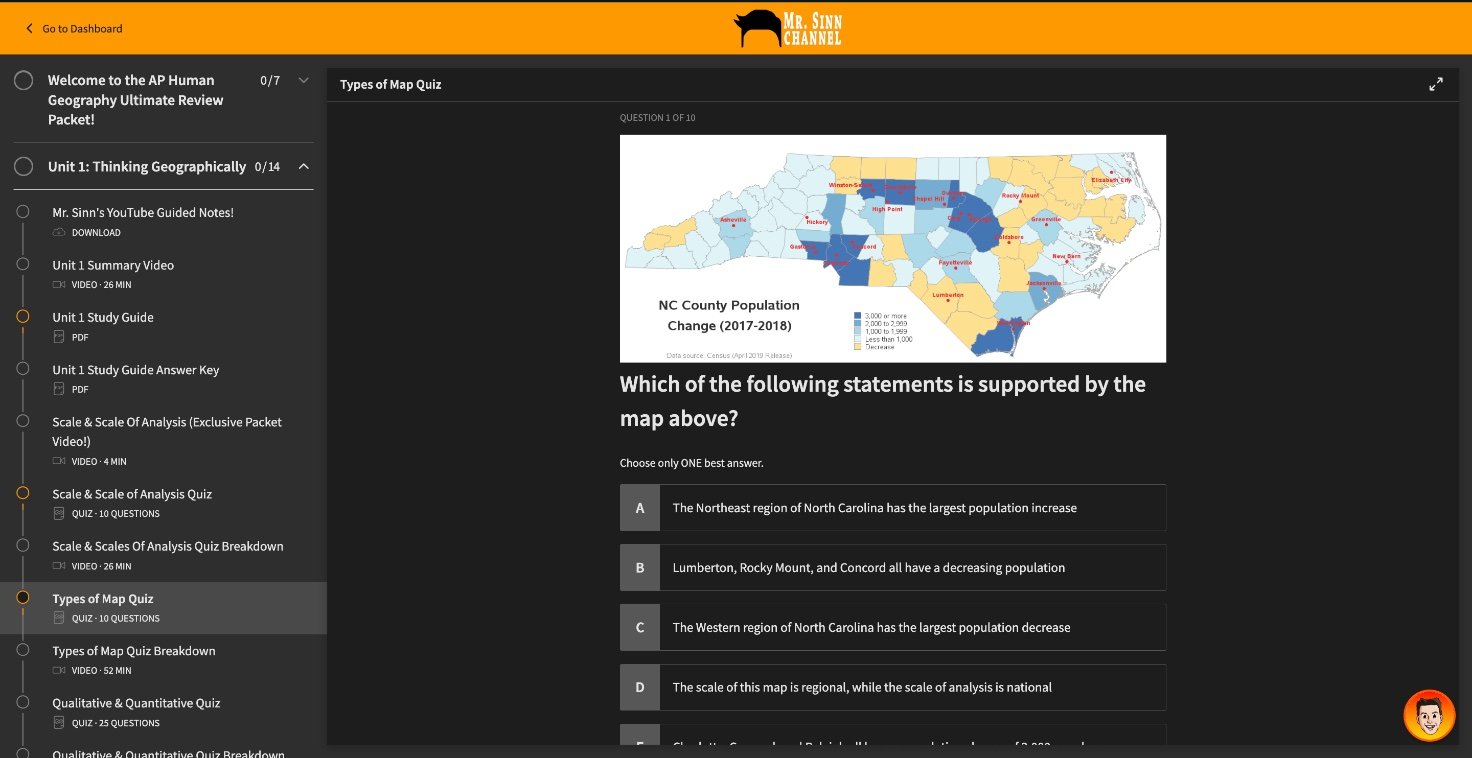 A Types of Map quiz: a choropleth of North Carolina county population change, then a question asking which statement the map supports