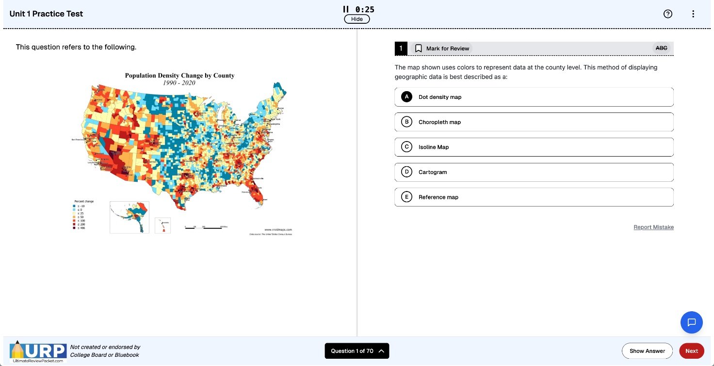 The practice test simulator: a choropleth map of population density change on the left and a multiple choice question about map types on the right, question 1 of 70