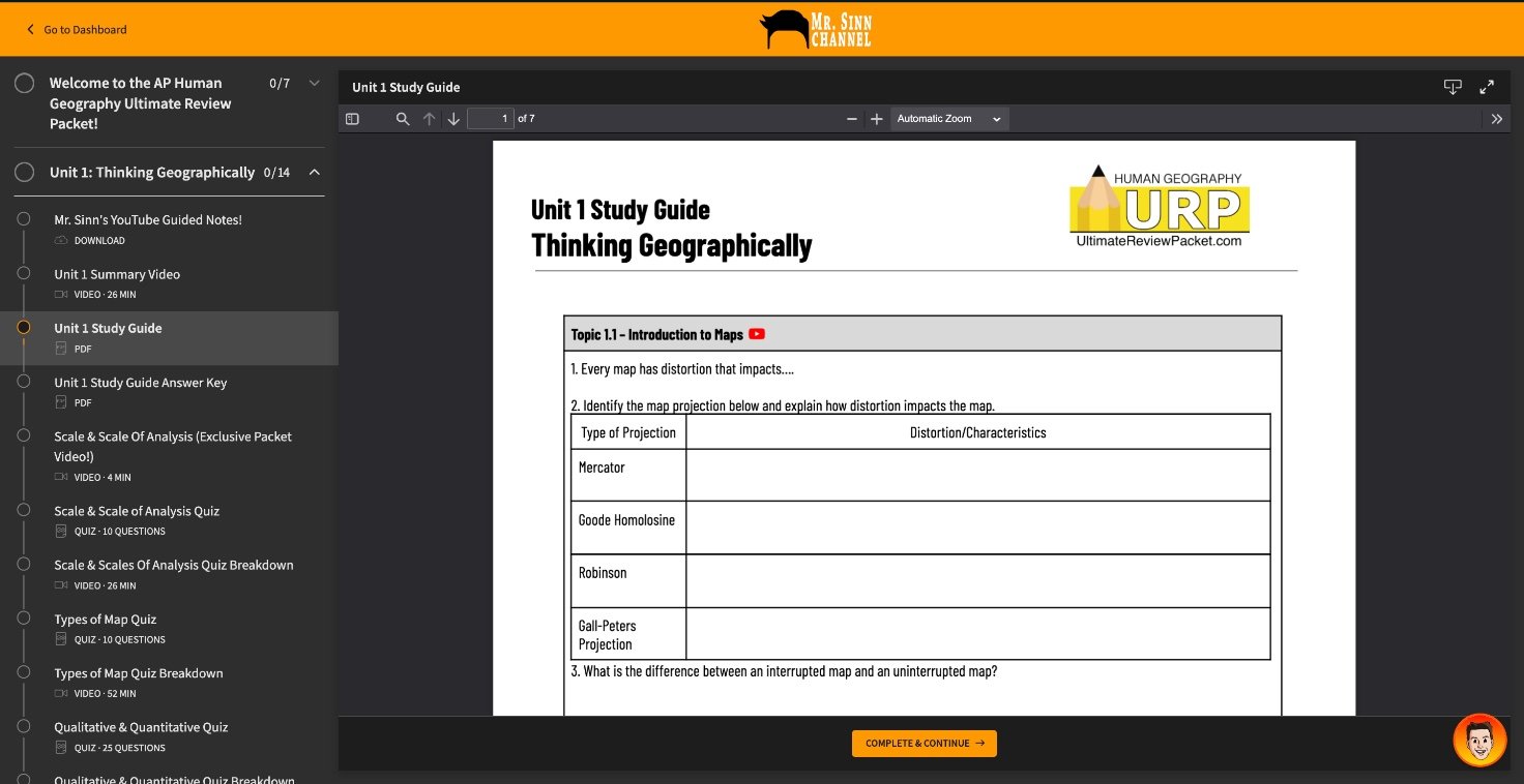 A Unit 1 study guide open in the Ultimate Review Packet, with a blank table for describing how each map projection distorts