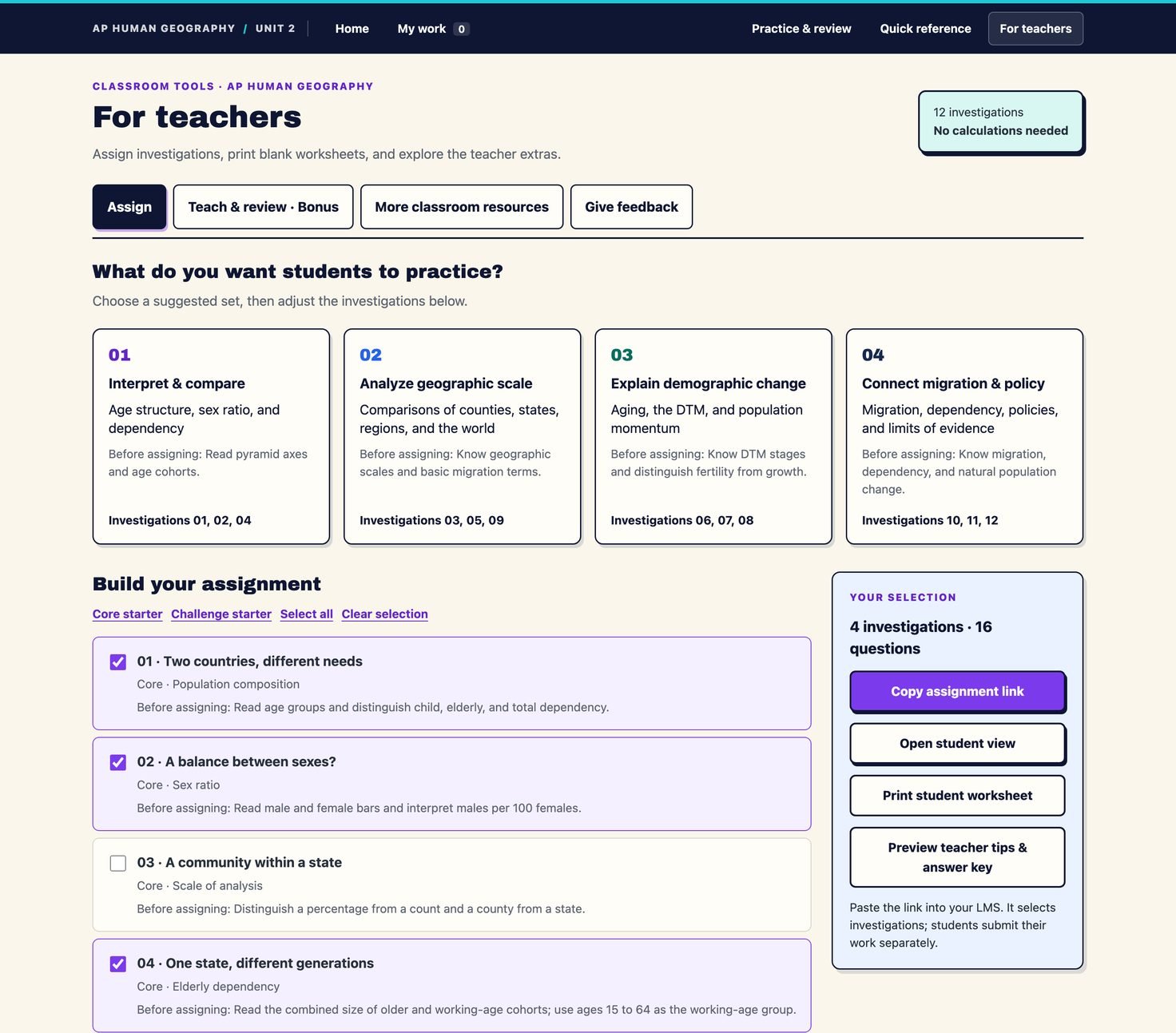 The Assign tab: four suggested sets across the top, a checklist of the 12 investigations with four of them checked, and a panel reading 4 investigations, 16 questions with Copy assignment link, Open student view and Print student worksheet buttons