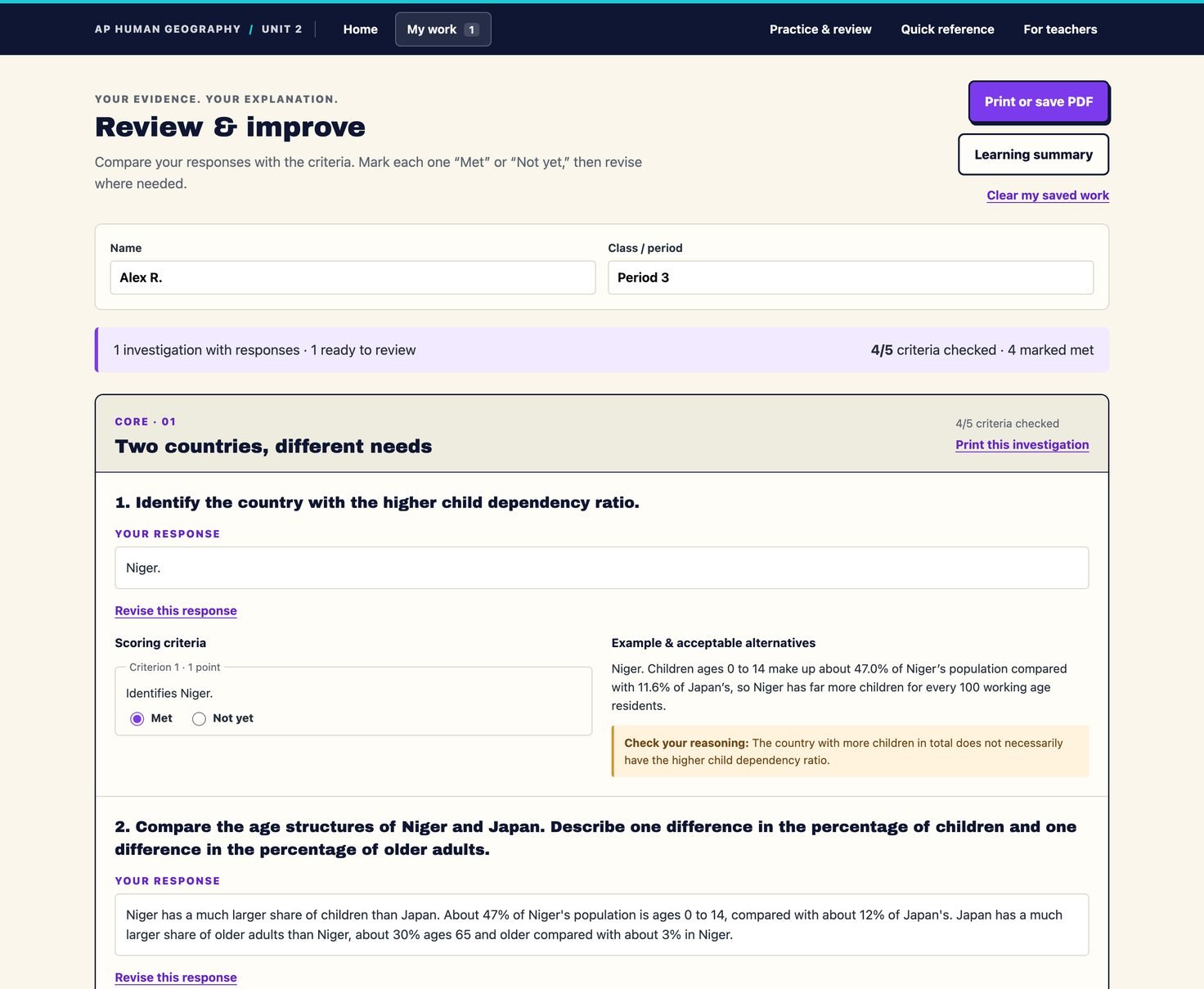 The review screen: name and class period fields, a counter reading 4 of 5 criteria checked, the student's typed response to the first question, and the scoring criteria with Met and Not yet buttons beside the example answer