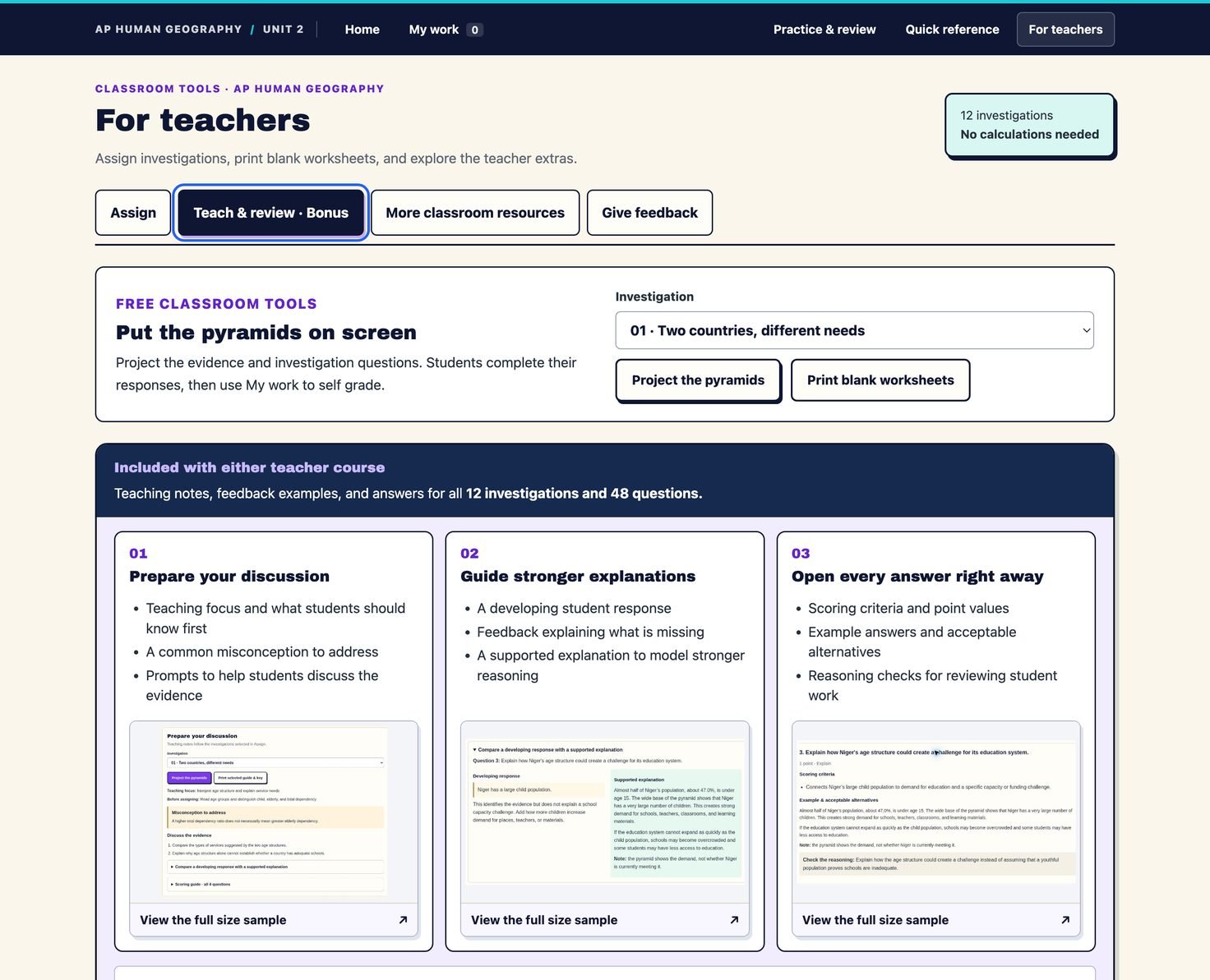 The Teach & review tab: a panel for projecting the pyramids on screen, then three cards previewing the teacher extras — Prepare your discussion, Guide stronger explanations, and Open every answer right away — each with a sample page