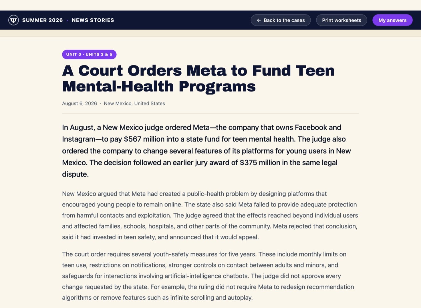 A case in the reader: a Unit 0 and Units 3 and 5 tag, the headline 'A Court Orders Meta to Fund Teen Mental-Health Programs', a New Mexico dateline, and the opening paragraphs of the article