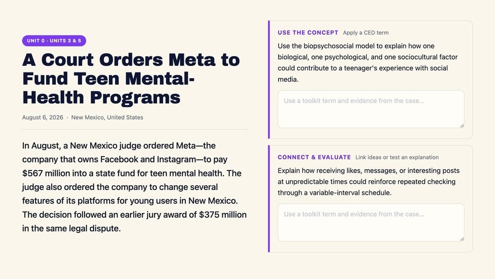 One case from the Summer 2026 Case Files: a news article on the left and two AP Psychology questions on the right
