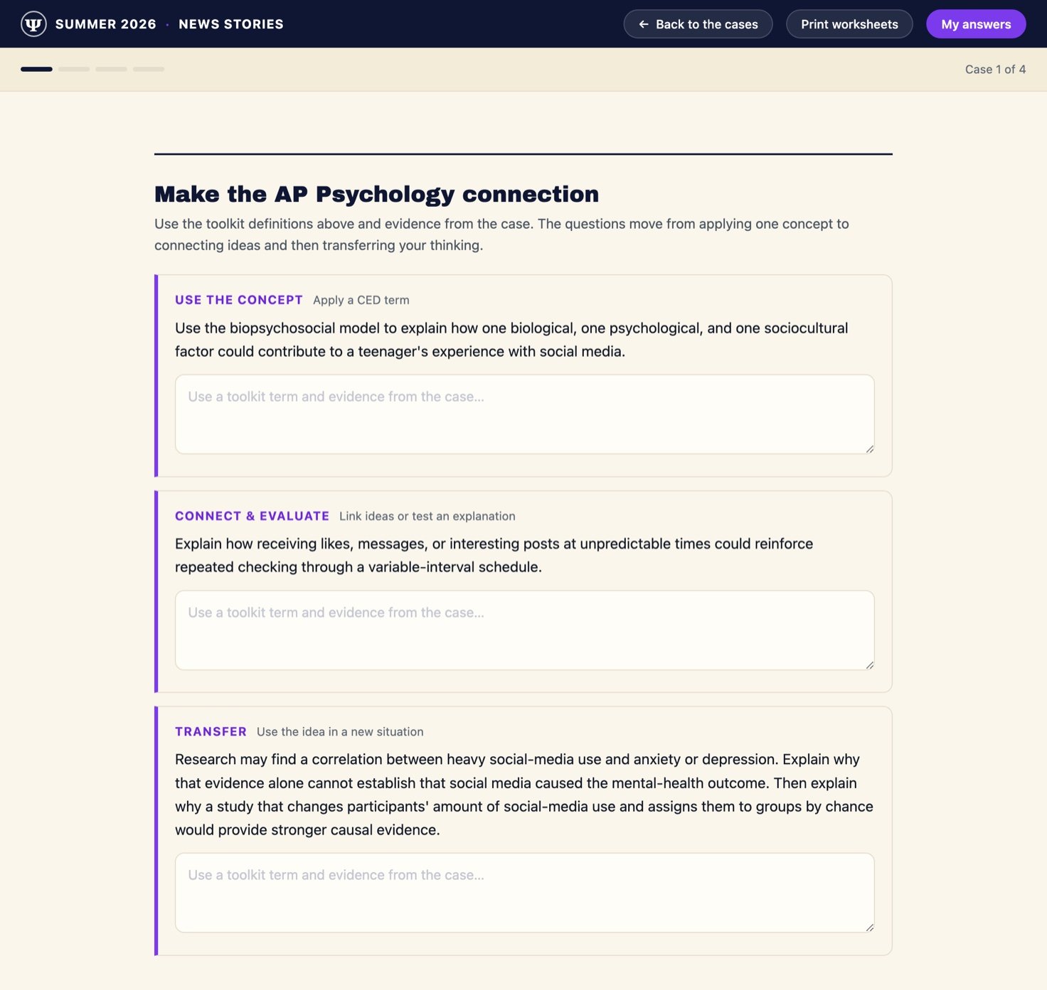 The three question types for one case — Use the Concept, Connect and Evaluate, and Transfer — each with a prompt and a text box for the student's answer