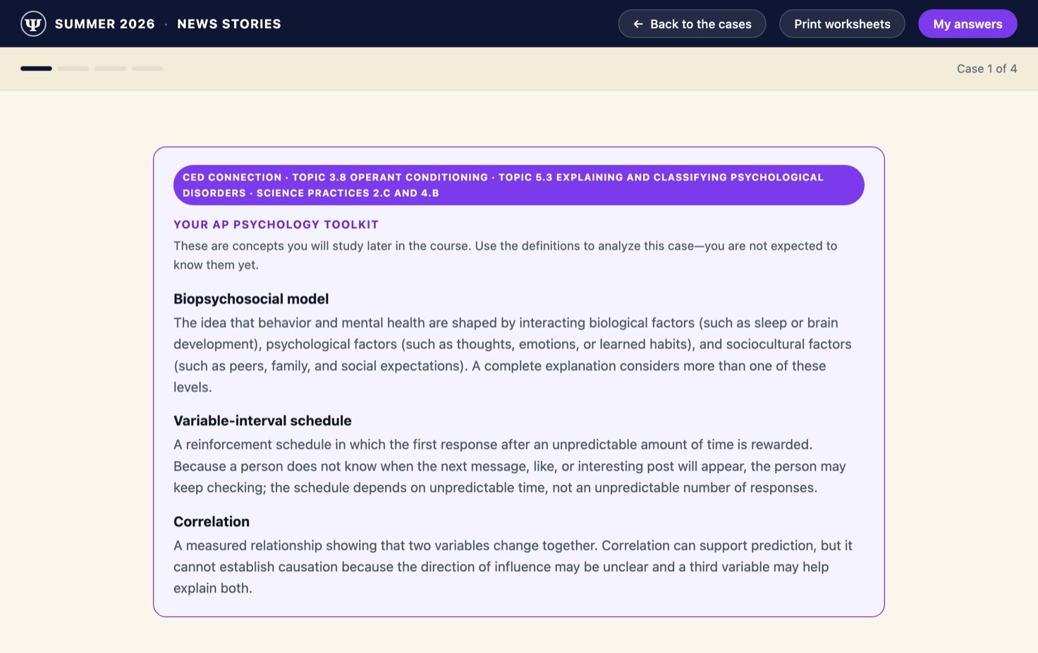 The AP Psychology Toolkit box for one case, tagged with CED topics 3.8 and 5.3 and science practices 2.C and 4.B, defining the biopsychosocial model and variable-interval schedule