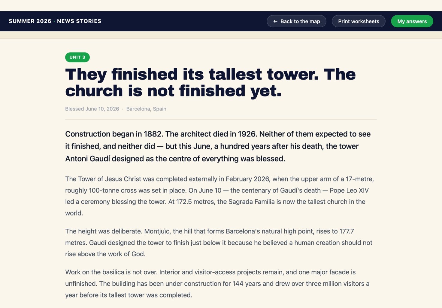 A case in the reader: a Unit 3 tag, the headline 'They finished its tallest tower. The church is not finished yet.', a Barcelona dateline, and the opening paragraphs of the article