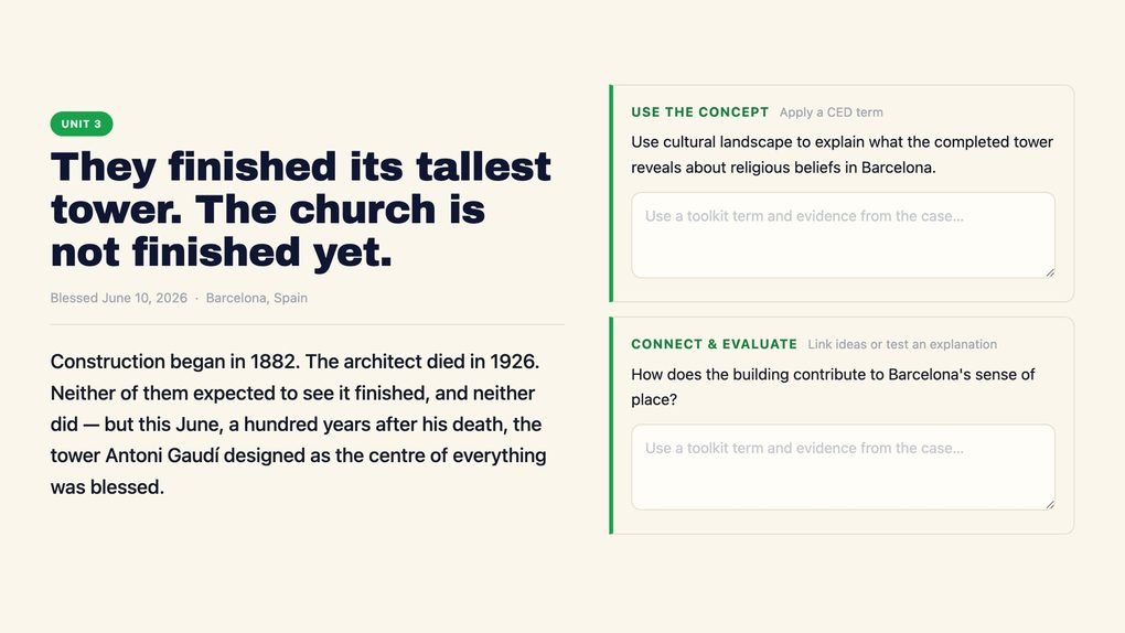 One case from the Summer 2026 Case Files: a news article on the left and two AP Human Geography questions on the right
