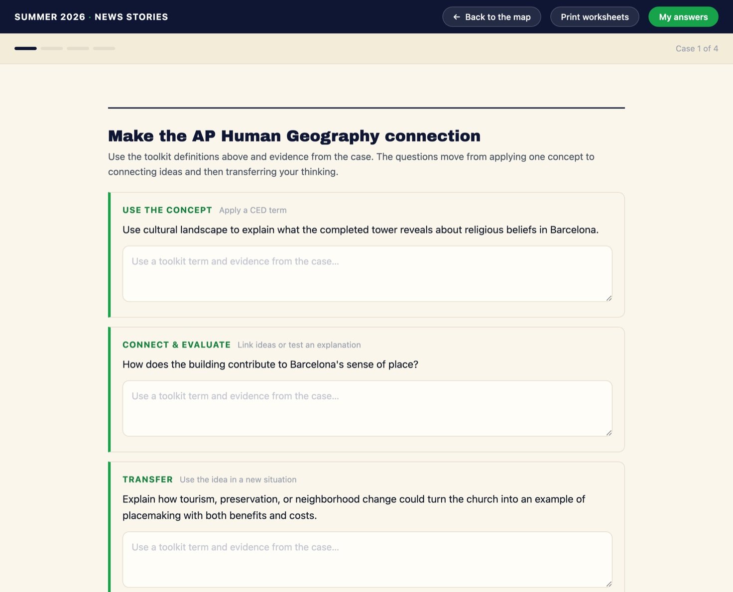 The three question types for one case — Use the Concept, Connect and Evaluate, and Transfer — each with a prompt and a text box for the student's answer