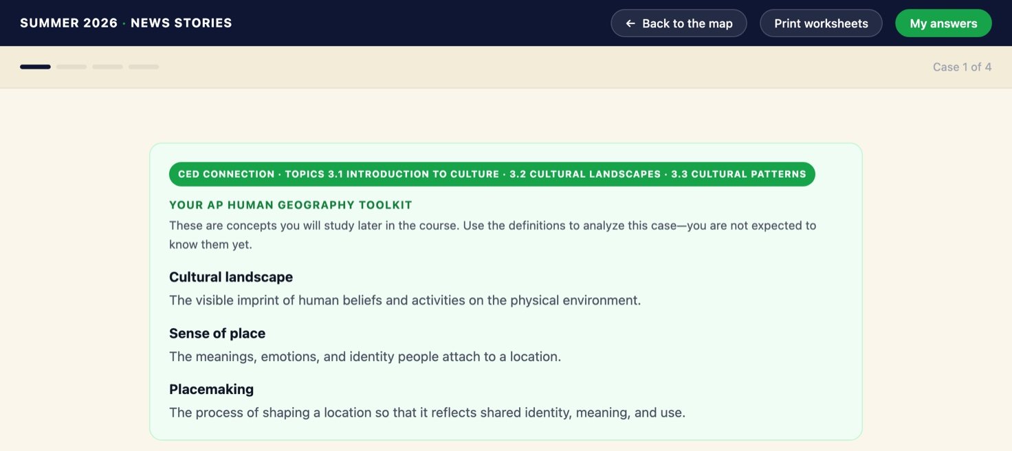 The AP Human Geography Toolkit box for one case, tagged with CED topics 3.1, 3.2 and 3.3, defining cultural landscape, sense of place, and placemaking