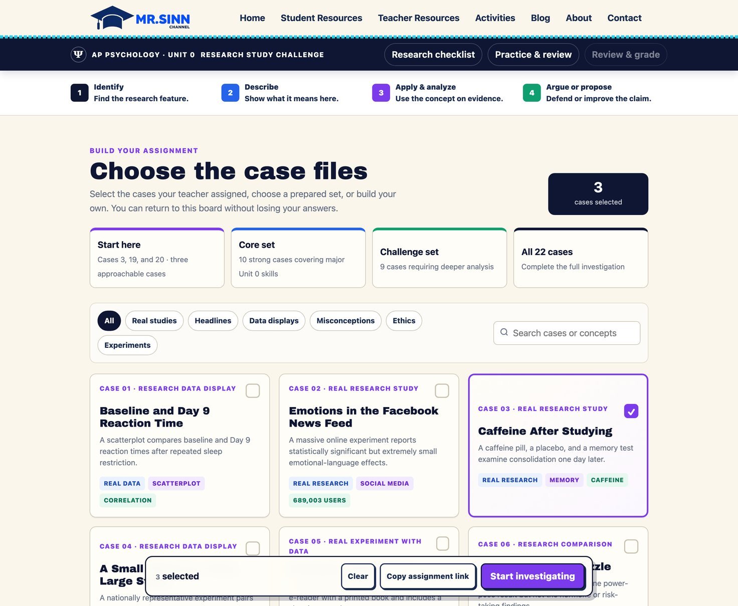 The case board: four prepared sets across the top — Start here, Core set, Challenge set and All 22 cases — filter buttons for real studies, headlines, data displays, misconceptions, ethics and experiments, and a grid of case cards with Case 03 selected