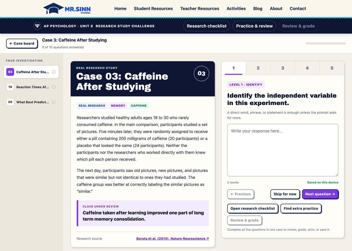 A case open in the activity: the case file on the left with the study description and the claim under review, and the question panel on the right showing Level 1 Identify with an empty answer box