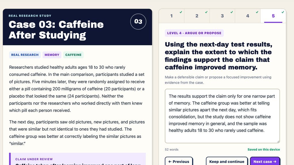 A case open in the Unit 0 Research Study Challenge: the study on the left and a Level 4 question with the student's typed answer on the right