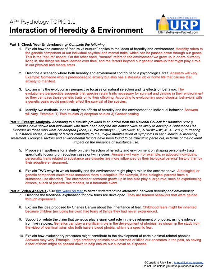 The matching answer key with full model answers written in red