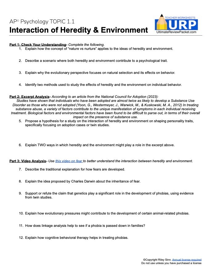 Sample AP Psychology worksheet: Topic 1.1, Interaction of Heredity and Environment